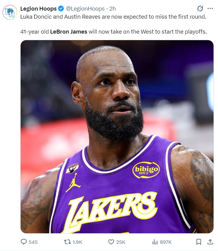 东契奇里夫斯伤退 湖人季后赛或由勒布朗单核出